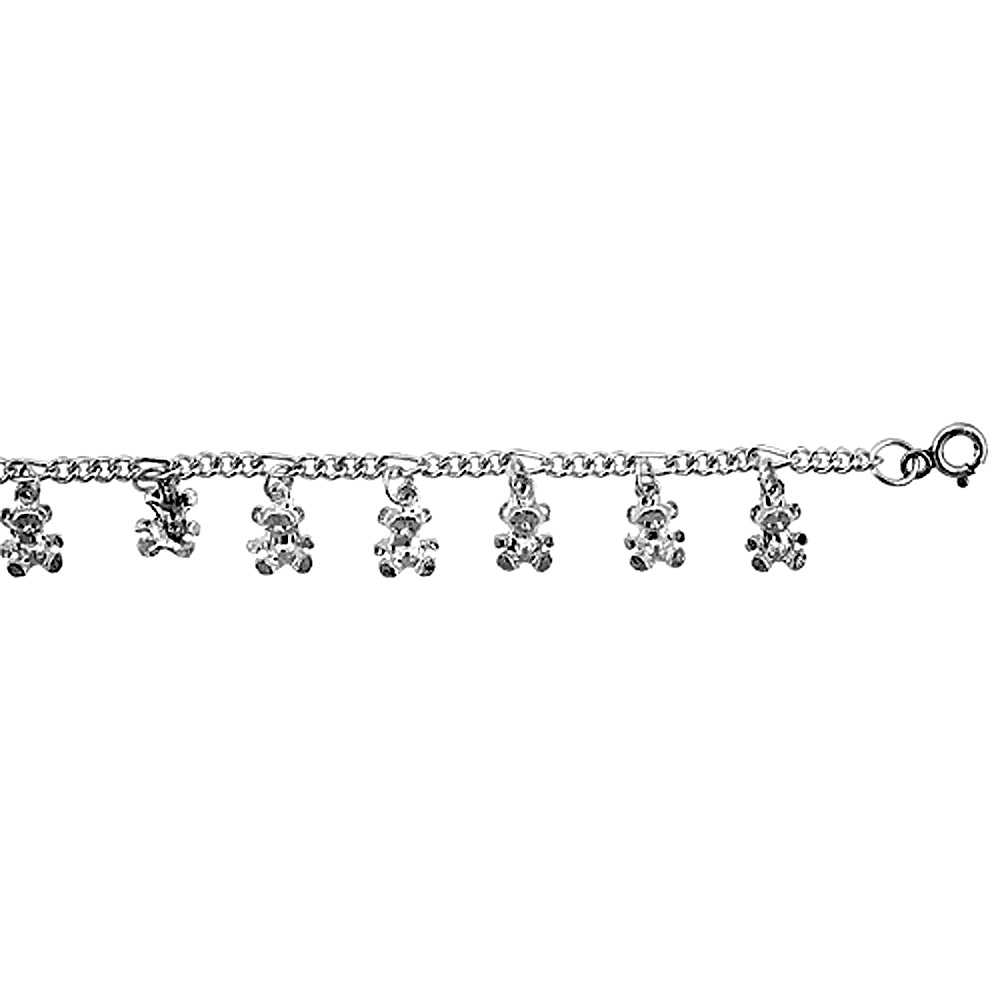 Sterling Silver Figaro Anklet with Teddy Bear Charms, fits 9 - 10 inch ankles