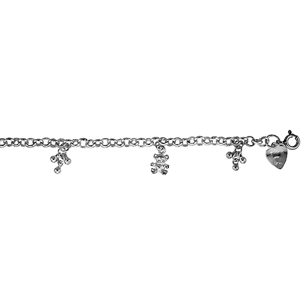 Sterling Silver Anklet with Teddy Bear Charms, fits 9 - 10 inch ankles