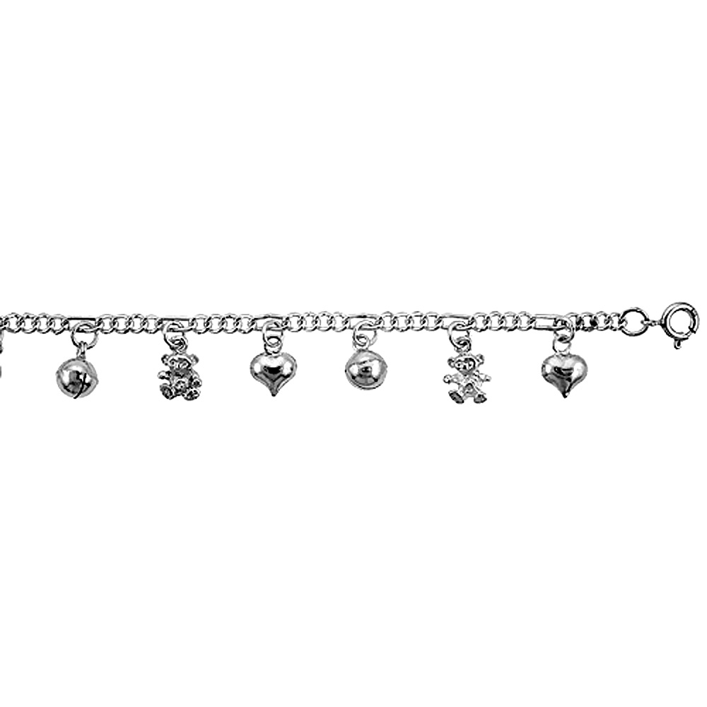 Sterling Silver Figaro Anklet with Heart &amp; Teddy Bear Charms, fits 9 - 10 inch ankles