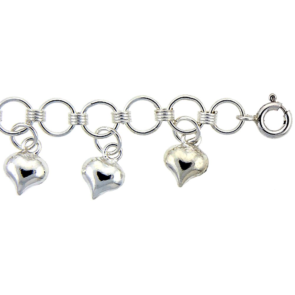 Sterling Silver Anklet with Heart Charms, fits 9 - 10 inch ankles