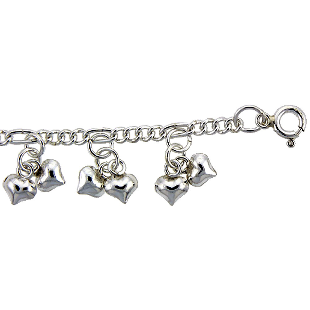 Sterling Silver Anklet with Teeny Heart Charms, fits 9 - 10 inch ankles