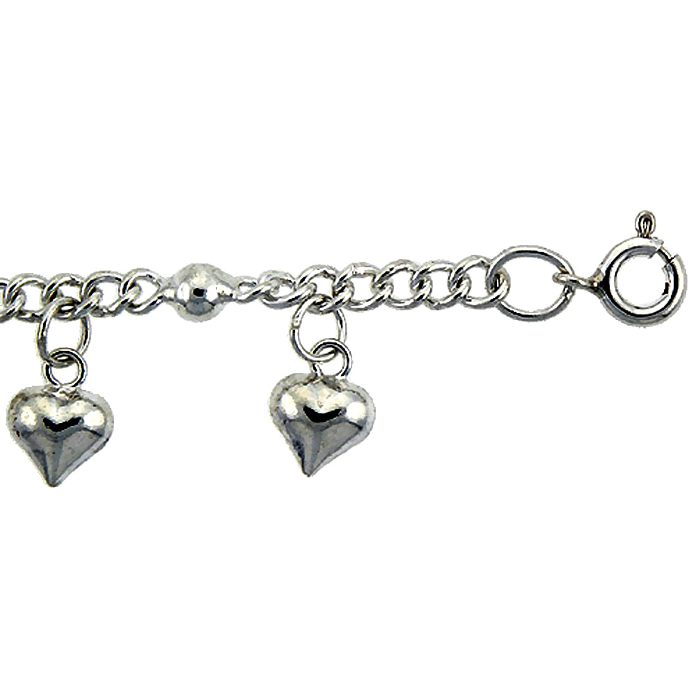 Sterling Silver Anklet with Beads and Dangling Hearts, fits 9 - 10 inch ankles