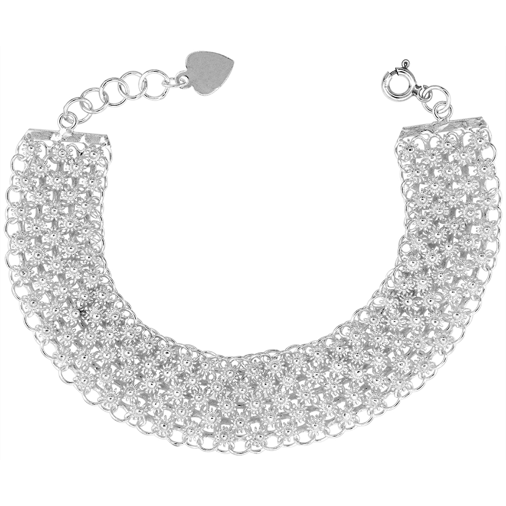 5/8 inch Wide Sterling Silver Teeny Flowers Charm Bracelet for Women 17mm fits 7-8 inch wrists