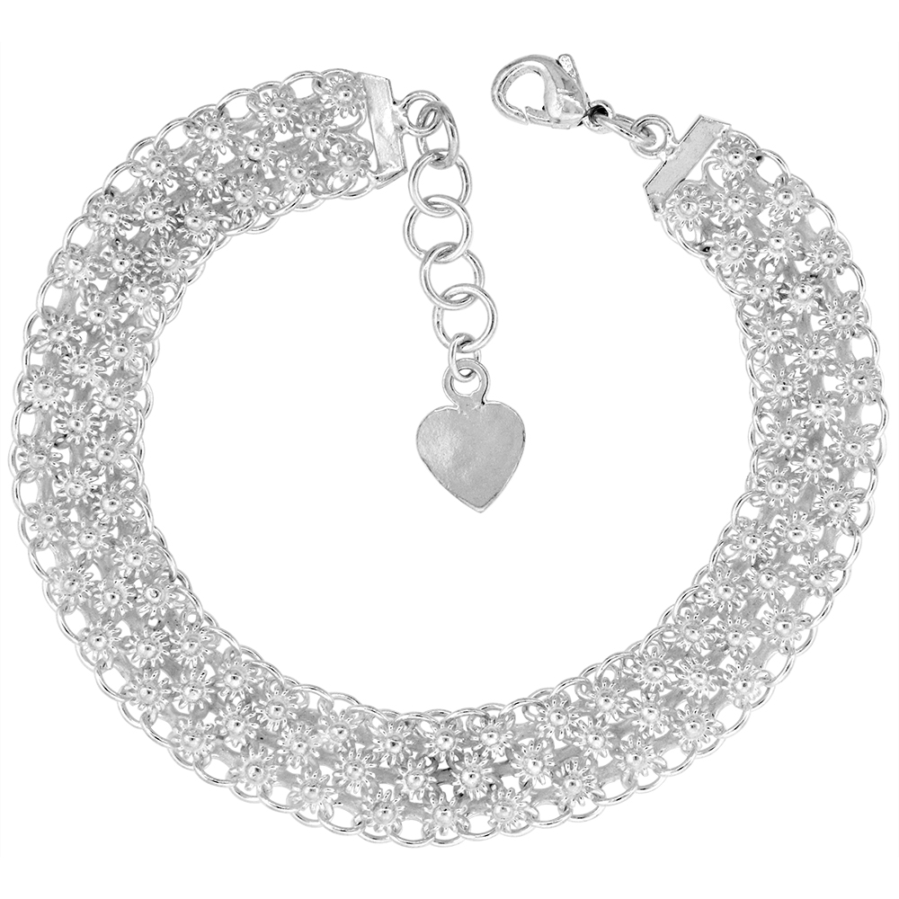 3/8 inch Wide Sterling Silver Teeny Flowers Charm Bracelet for Women 10mm fits 7-8 inch wrists