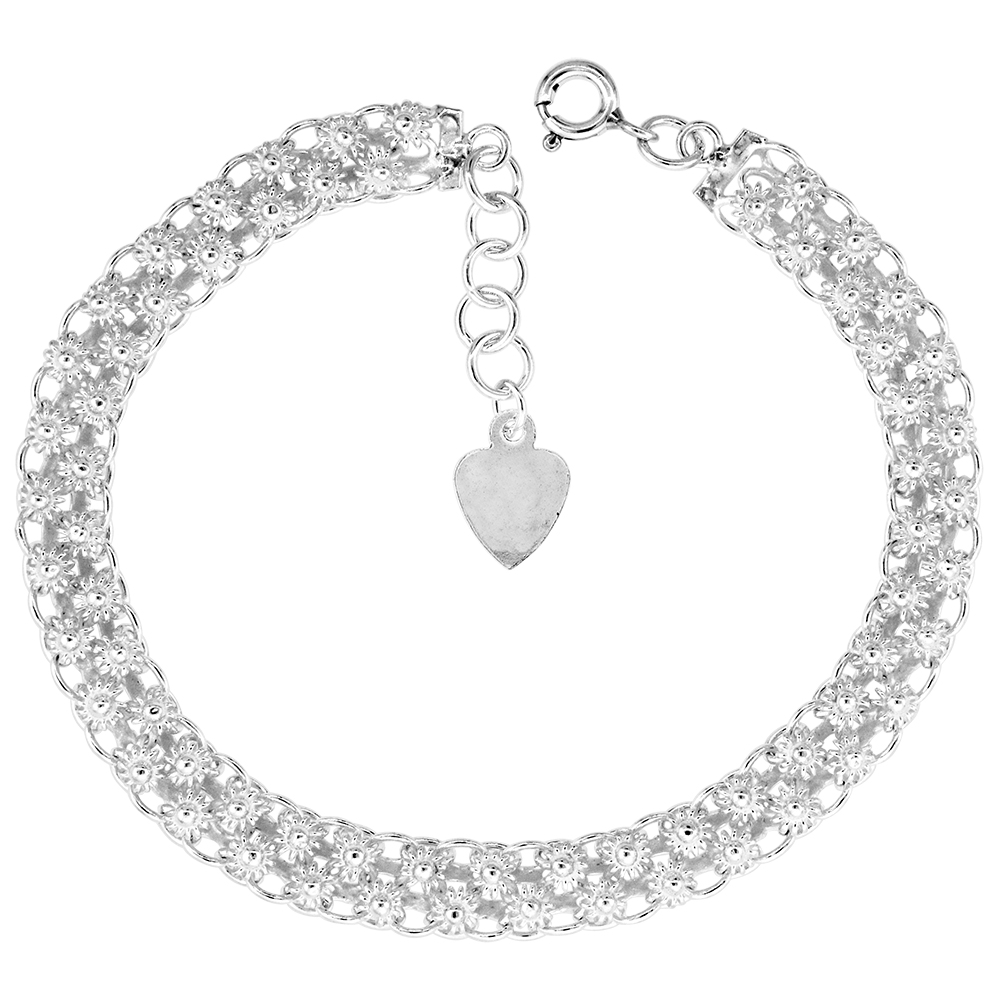 1/4 inch wide Sterling Silver Teeny Flowers Charm Bracelet for Women 7mm fits 7-8 inch wrists
