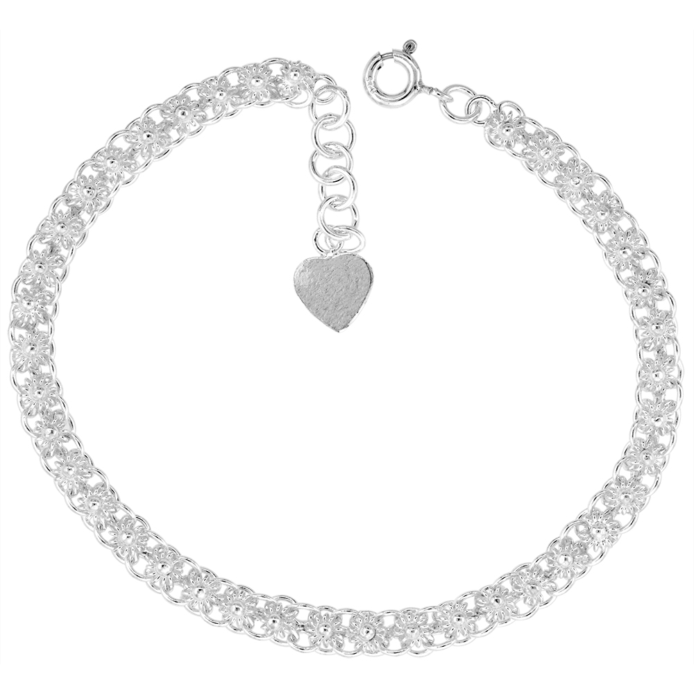 3/16 inch wide Sterling Silver Teeny Flowers Charm Bracelet for Women 5mm fits 7-8 inch wrists