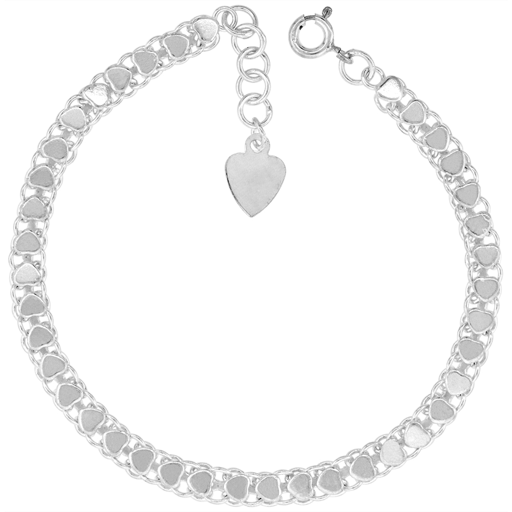 3/16 inch wide Sterling Silver Teeny Polished Hearts Anklet for Women 5mm fits 9-10 inch ankles