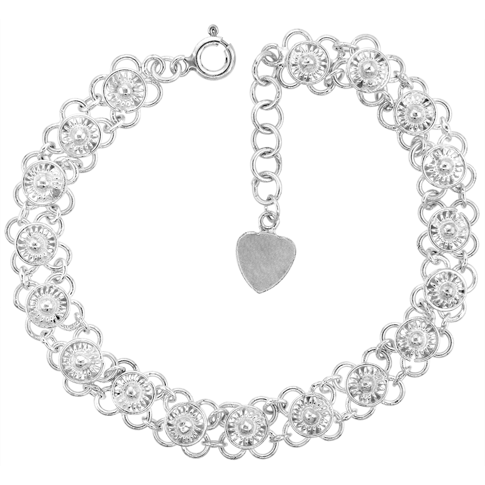 3/8 inch Wide Sterling Silver Flowers Charm Bracelet for Women 10mm fits 7-8 inch wrists