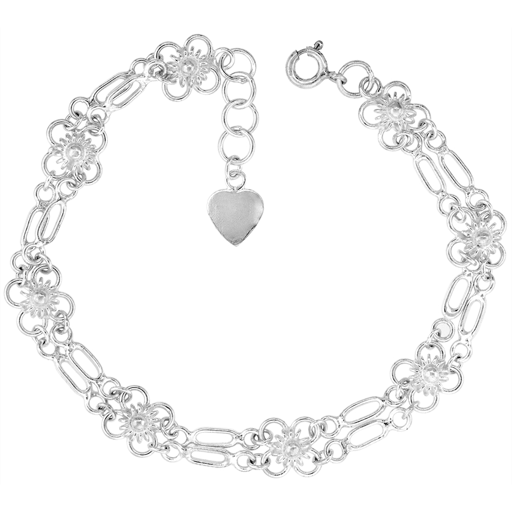 1/4 inch wide Sterling Silver Linked Quatrefoil Flowers Anklet for Women 7mm fits 9-10 inch ankles