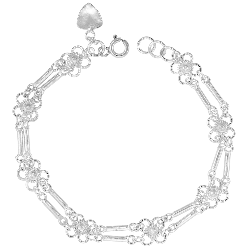 1/4 inch wide Sterling Silver Bar Link Quatrefoil Flowers Charm Bracelet for Women 7mm fits 7-8 inch wrists