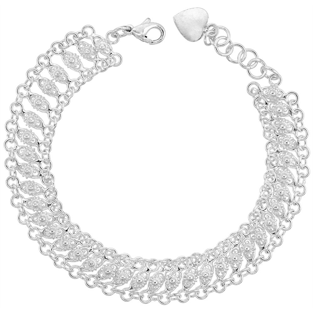 1/2 inch wide Sterling Silver Teeny Flowers Charm Bracelet for Women 12mm fits 7-8 inch wrists