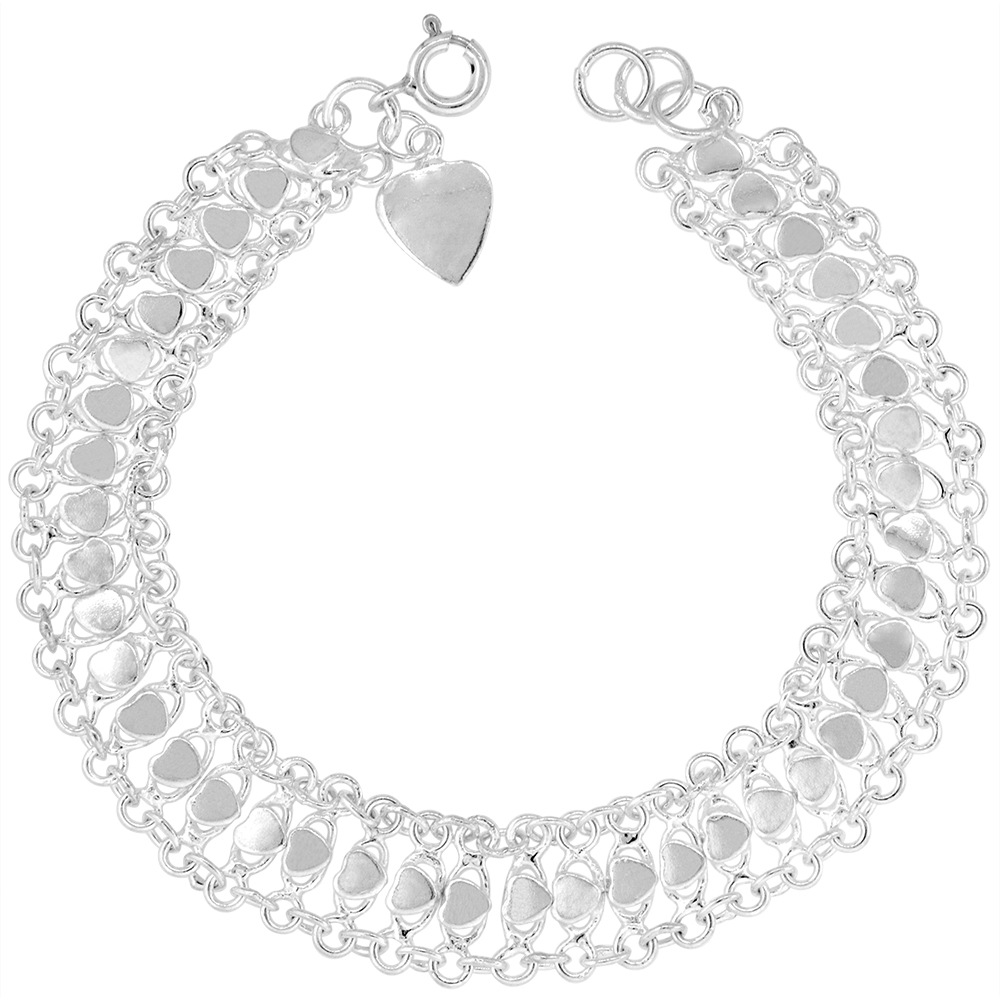 1/2 inch wide Sterling Silver Teeny Hearts Charm Bracelet for Women 12mm fits 7-8 inch wrists
