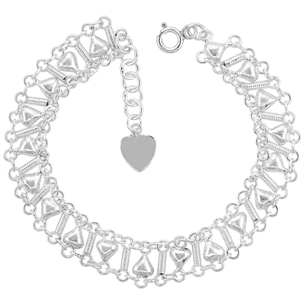 1/2 inch wide Sterling Silver Hearts Anklet for Women 12mm fits 9-10 inch ankles