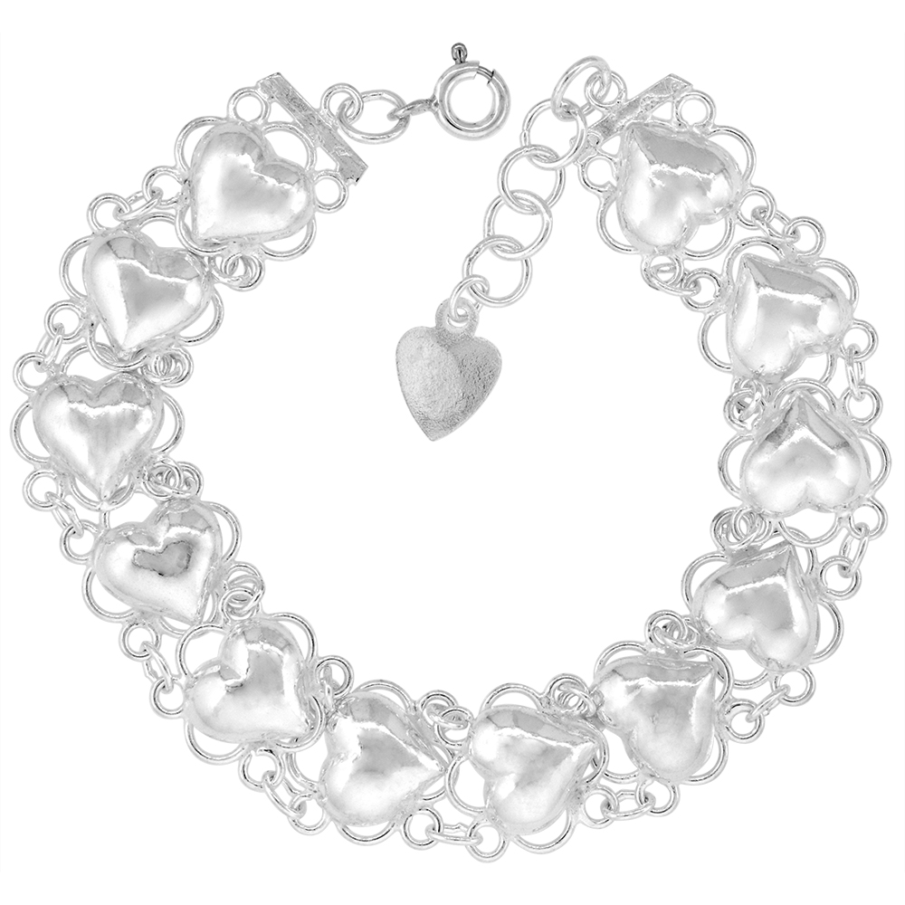 1/2 inch wide Sterling Silver Quatrefoil Hearts Charm Bracelet for Women Polished 12mm fits 7-8 inch wrists