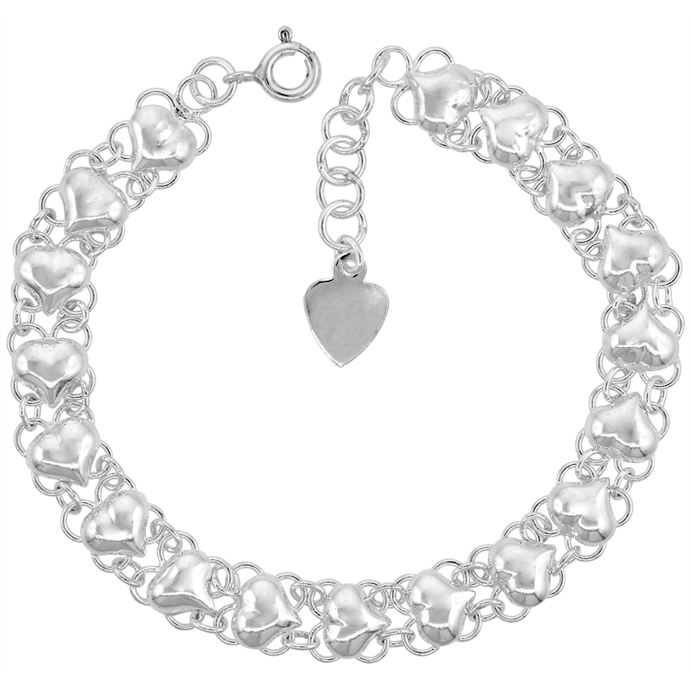 5/16 inch wide Sterling Silver Quatrefoil Hearts Anklet for Women Polished 8mm fits 9-10 inch ankles