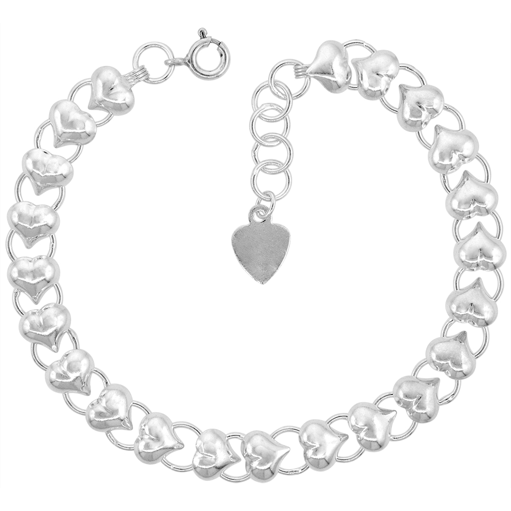 5/16 inch wide Sterling Silver linked Half Hearts Charm Bracelet for Women Polished 8mm fits 7-8 inch wrists