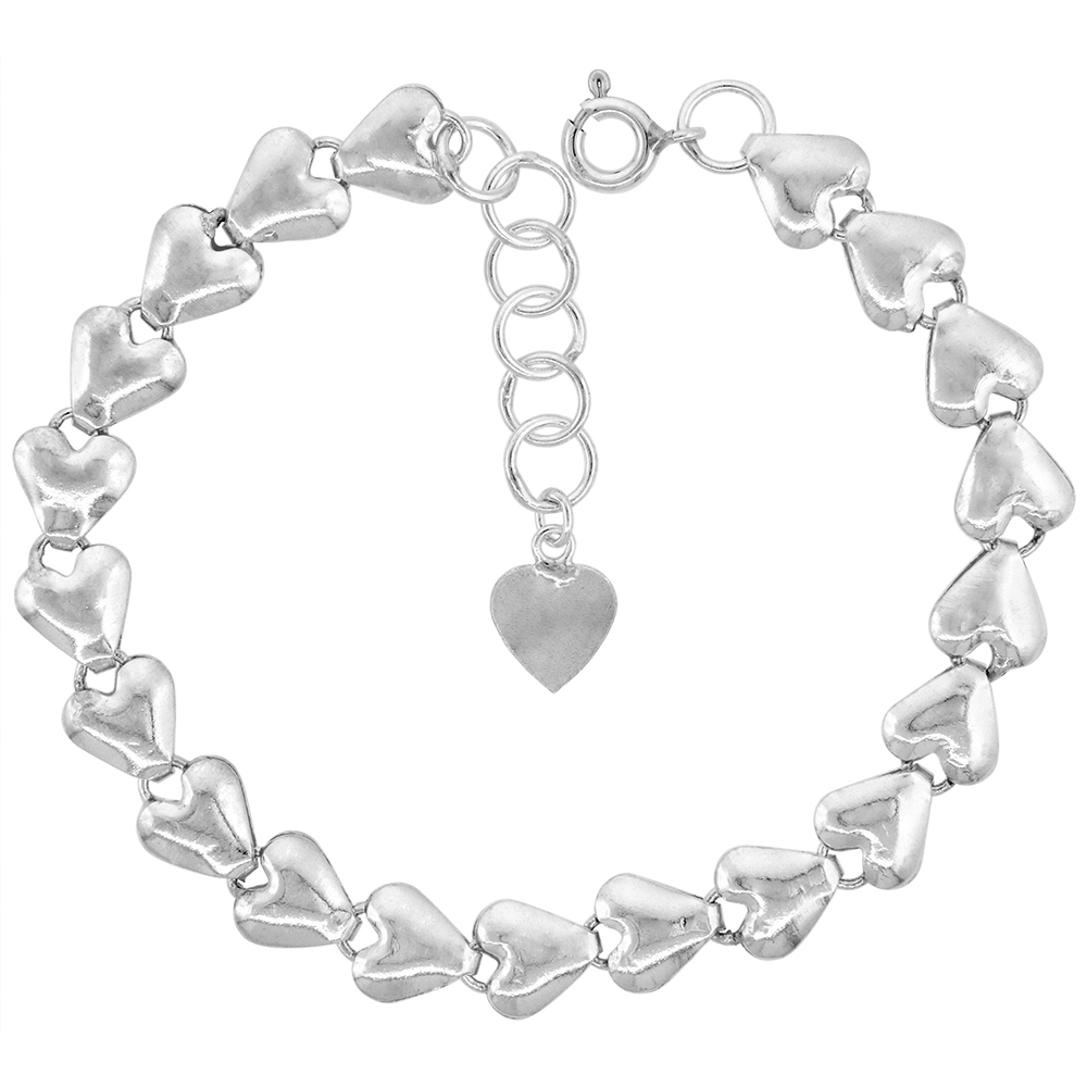 5/16 inch wide Sterling Silver Linked Puffy Hearts Charm Bracelet for Women 8mm fits 7-8 inch wrists