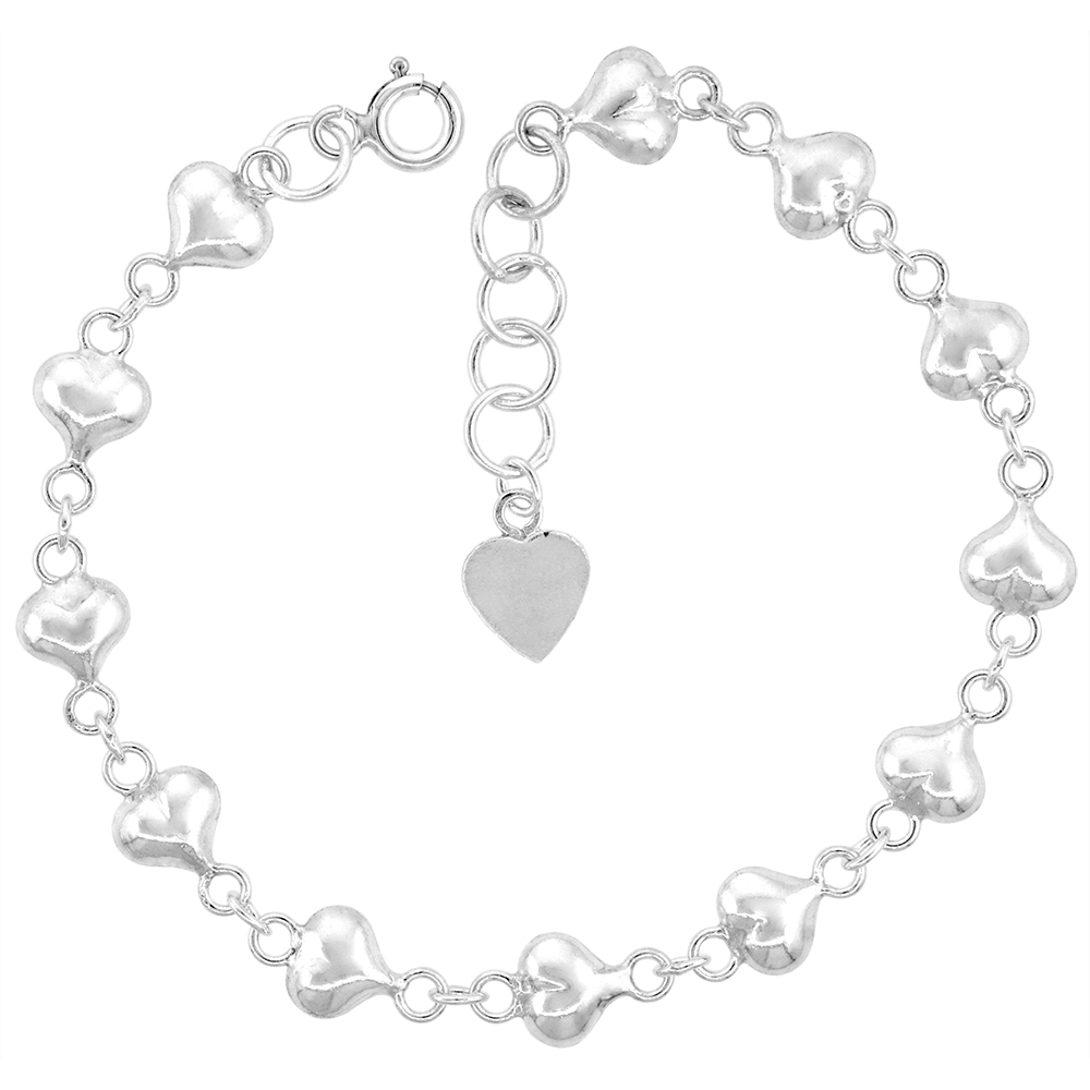 1/4 inch wide Sterling Silver Linked Puffy Hearts Anklet for Women 7mm fits 9-10 inch ankles