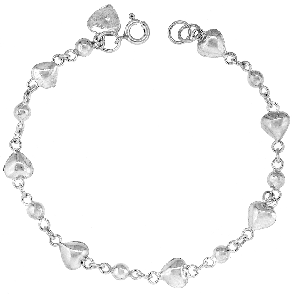 1/4 inch wide Sterling Silver Puffy Hearts and Beads Anklet for Women 6mm fits 9-10 inch ankles