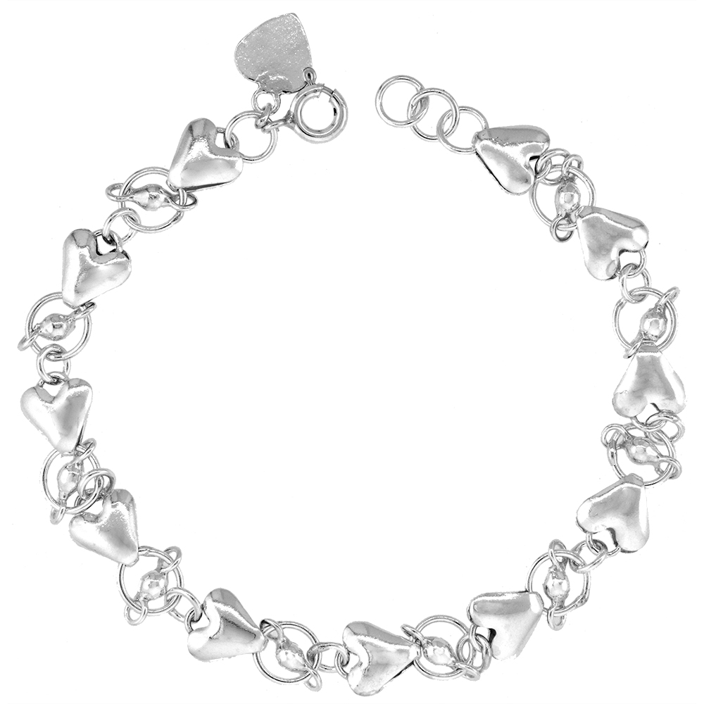 5/16 inch wide Sterling Silver Hearts and Floating Beads Charm Bracelet for Women 8mm fits 7-8 inch wrists