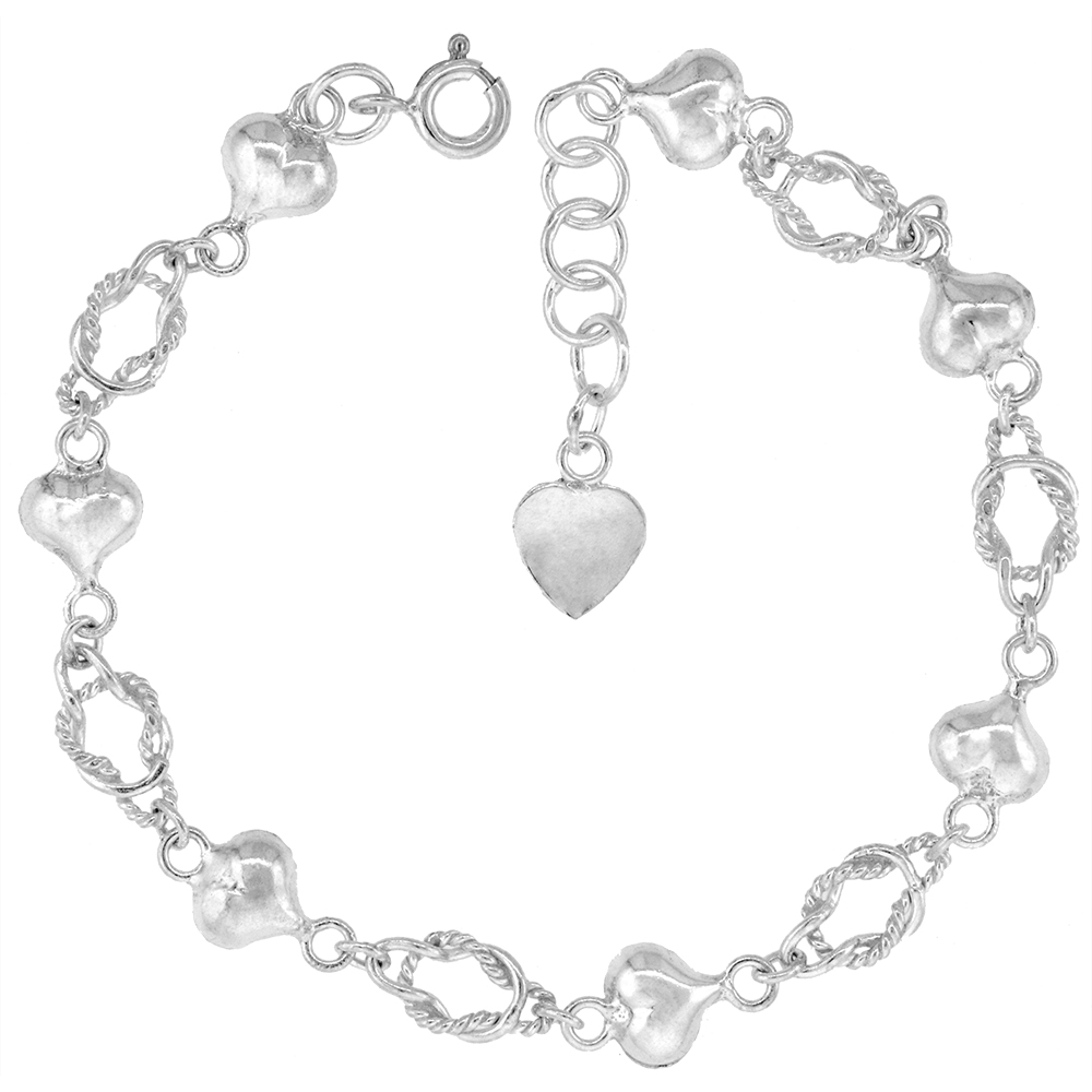 1/4 inch wide Sterling Silver Love Knots &amp; Puffy Hearts Anklet for Women 7mm fits 9-10 inch ankles