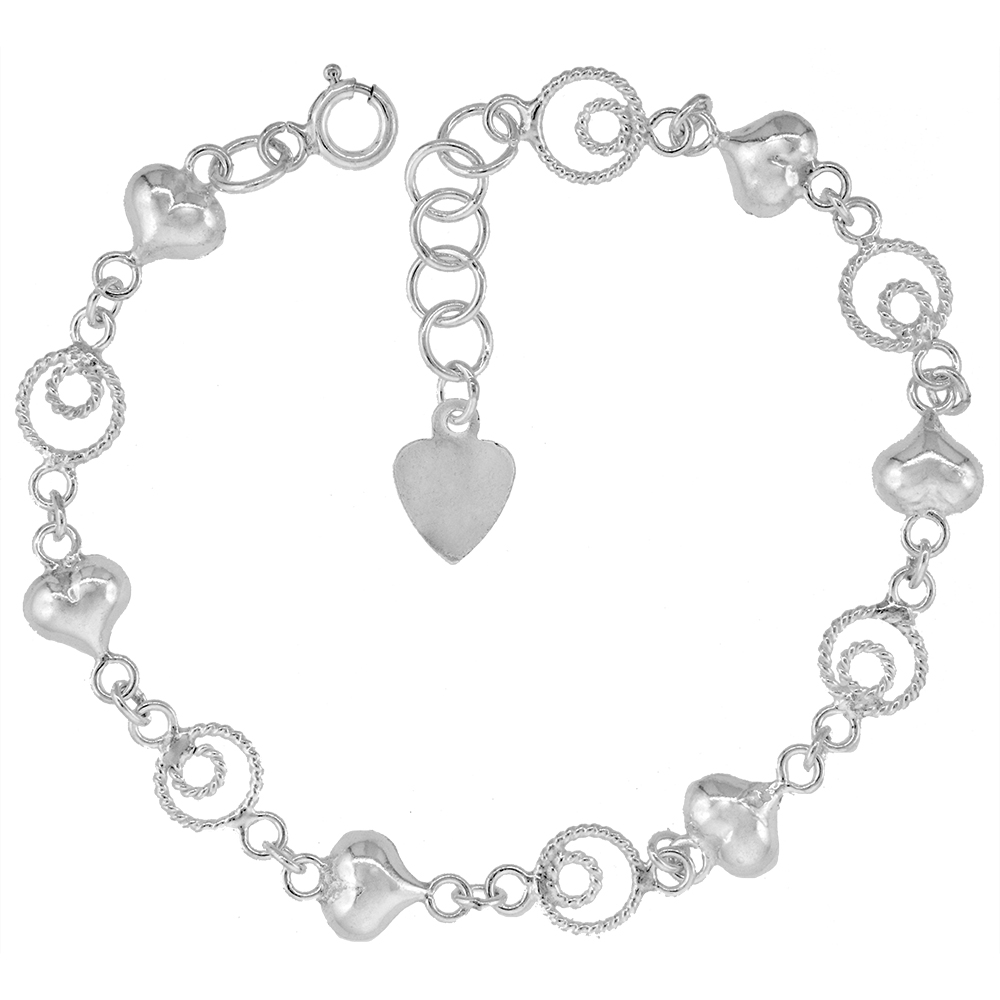 1/4 inch wide Sterling Silver Cricles &amp; Puffy Hearts Anklet for Women 7mm fits 9-10 inch ankles