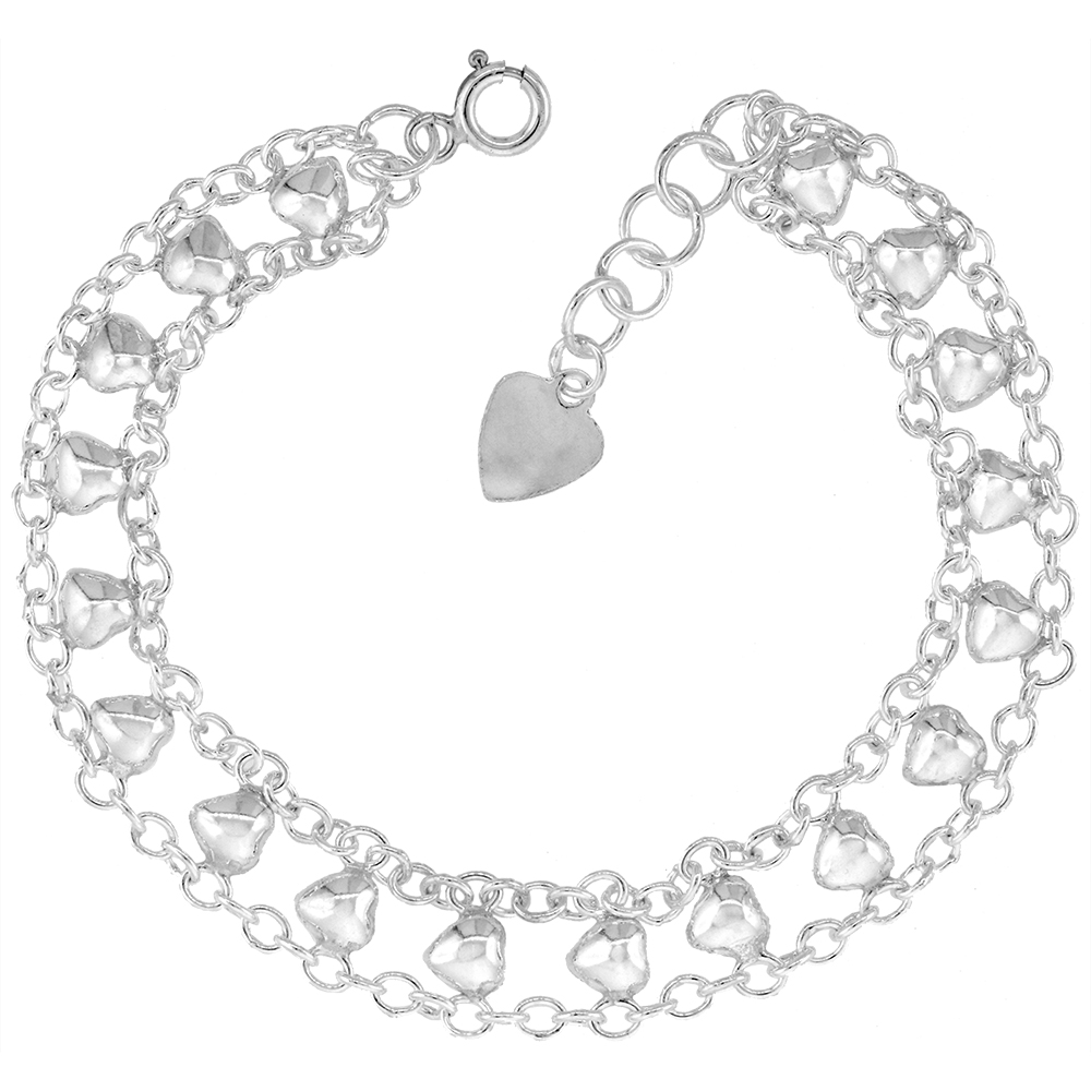 3/8 inch Wide Sterling Silver linked Half Hearts Charm Bracelet for Women Polished 10mm fits 7-8 inch wrists