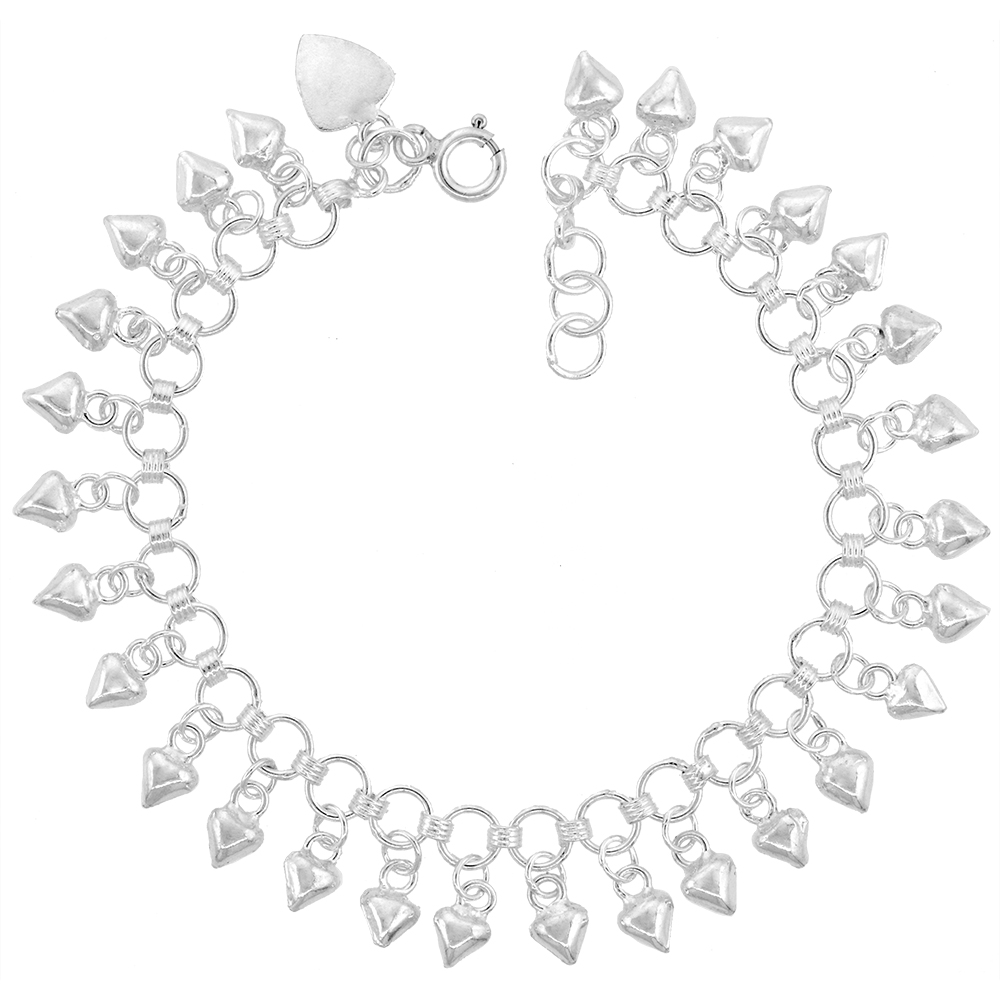 Sterling Silver Dangling Teeny Hearts Charm Charm Bracelet for Women 13mm drop fits 7-8 inch wrists