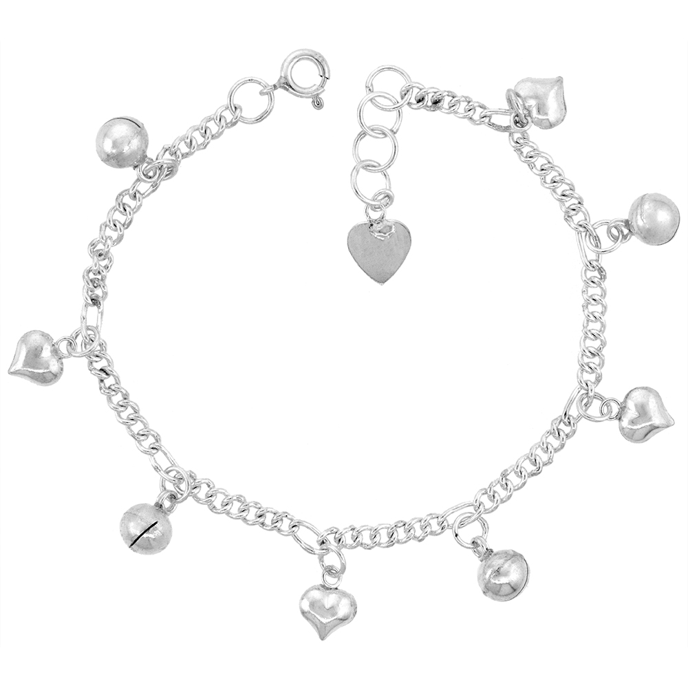 Sterling Silver Dangling Hearts and Jingle Bells Charm Charm Bracelet for Women 12mm drop fits 7-8 inch wrists