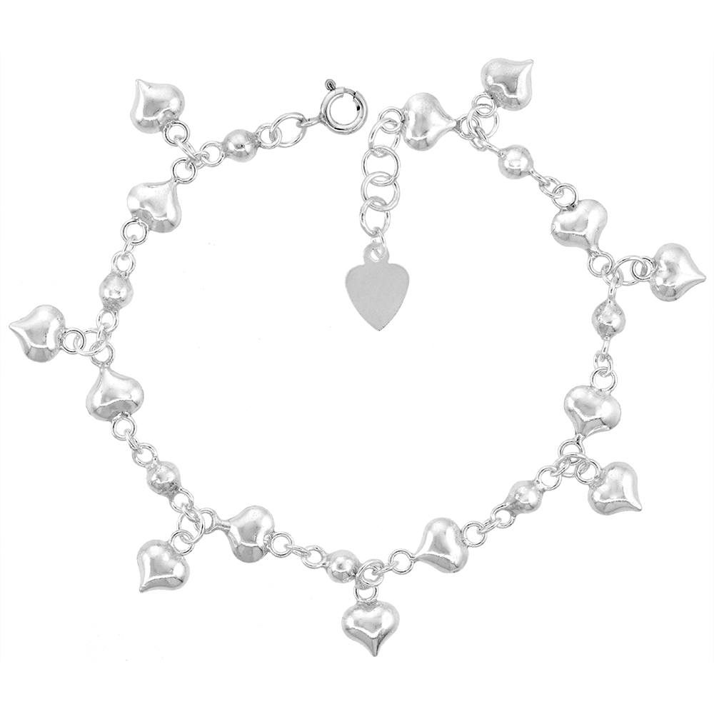 Sterling Silver Dangling Hearts Charm Charm Bracelet for Women 15mm drop fits 7-8 inch wrists