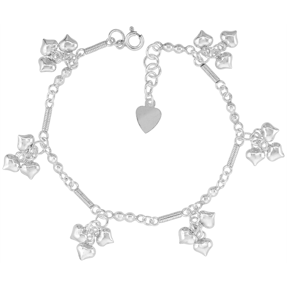 Sterling Silver Dangling Teeny Heart Clusters Anklet for Women Rope Bar Links 13mm drop fits 9-10 inch ankles