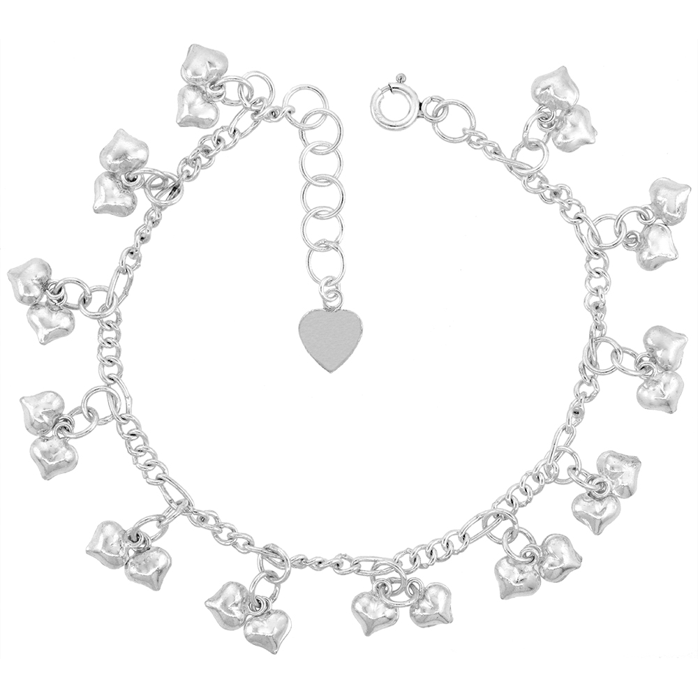 Sterling Silver Dangling Teeny Double Hearts Anklet for Women 11mm drop fits 9-10 inch ankles
