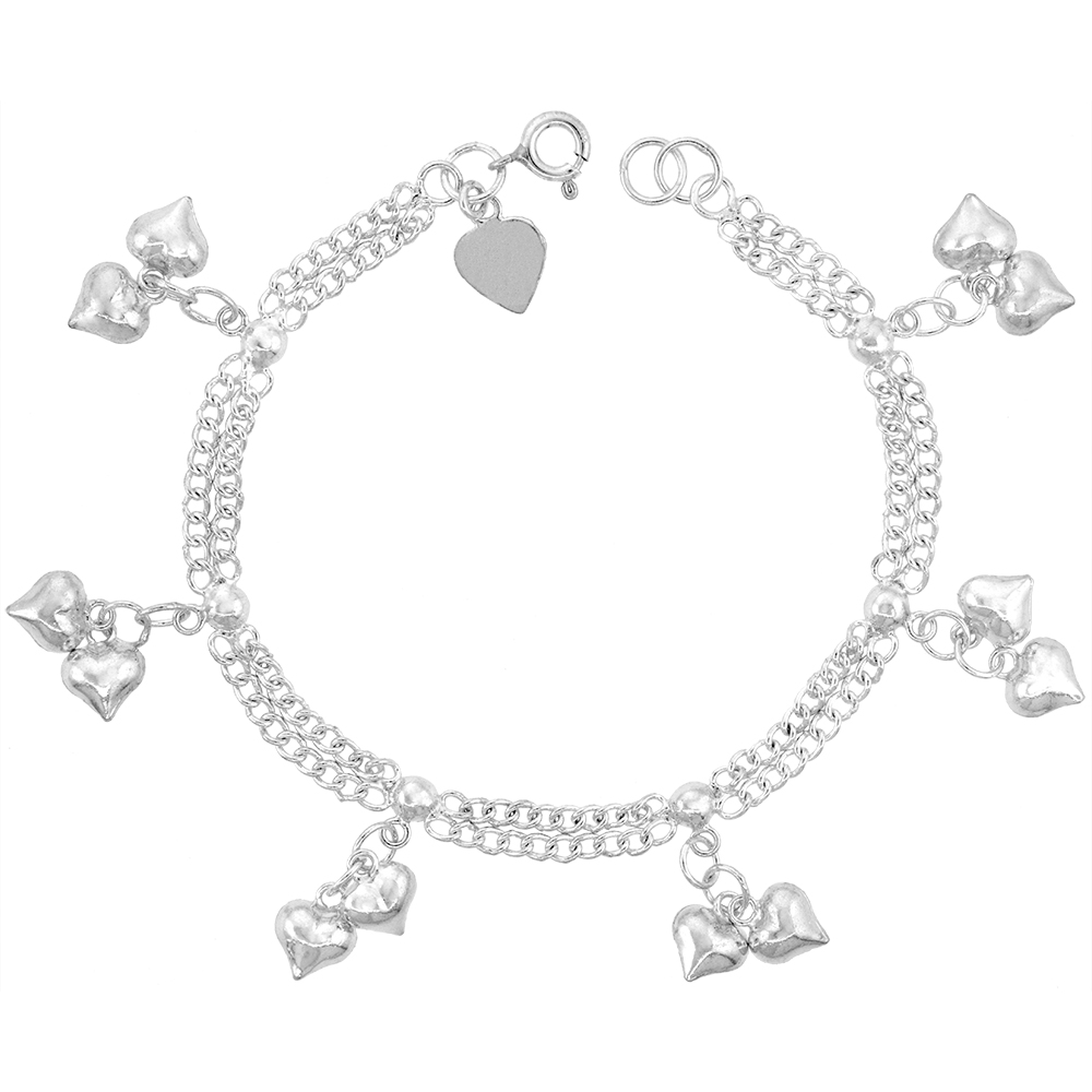 Sterling Silver Dangling Double Hearts Charm Charm Bracelet for Women 2 Row 16mm drop fits 7-8 inch wrists