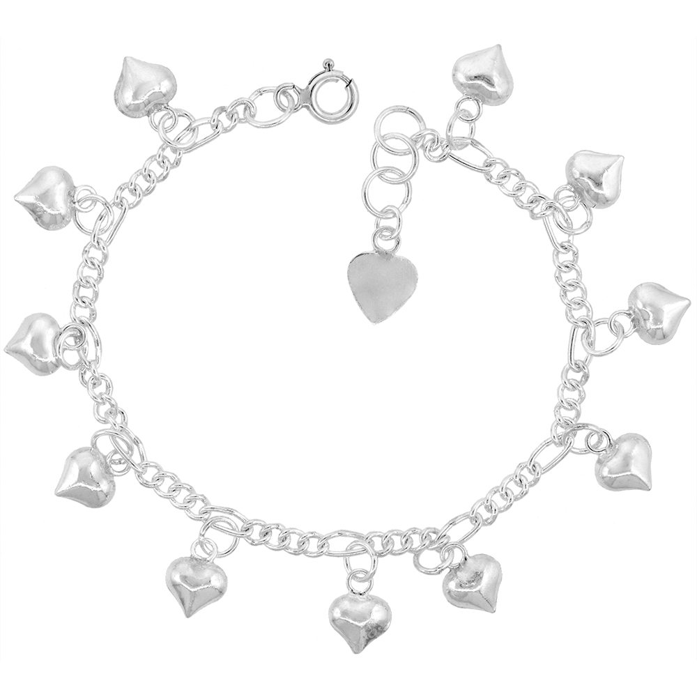 Sterling Silver Dangling Puffy Hearts Charm Charm Bracelet for Women 15mm drop fits 7-8 inch wrists