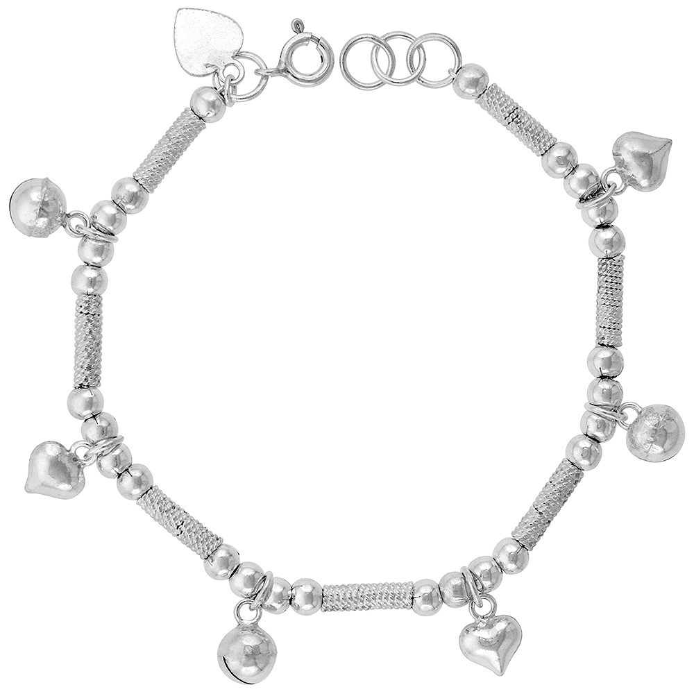 Sterling Silver Dangling Puffy Hearts and Jingle Bells Charm Charm Bracelet for Women 13mm drop fits 7-8 inch wrists