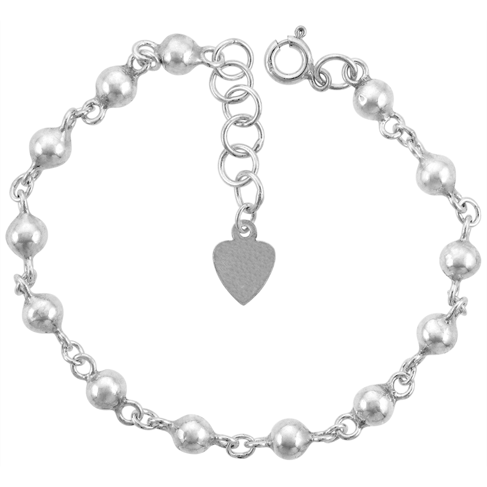 1/4 inch wide Sterling Silver Linked Beads Charm Bracelet for Women 6mm fits 7-8 inch wrists