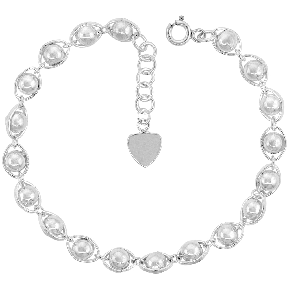 5/16 inch wide Sterling Silver Eye Ball Beads Charm Bracelet for Women 8mm fits 7-8 inch wrists