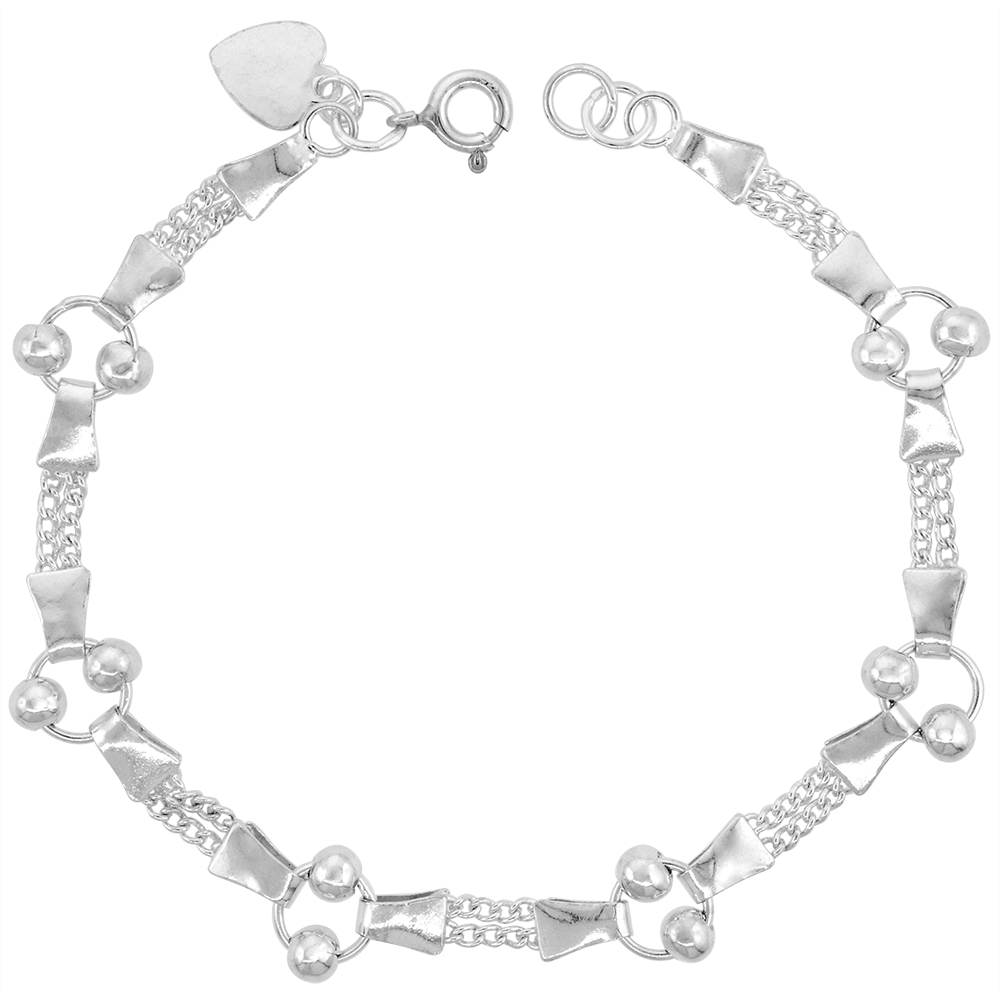 1/4 inch wide Sterling Silver 2 row Circle Double Beads Charm Bracelet for Women with Beads 7mm fits 8-9 inch wrists