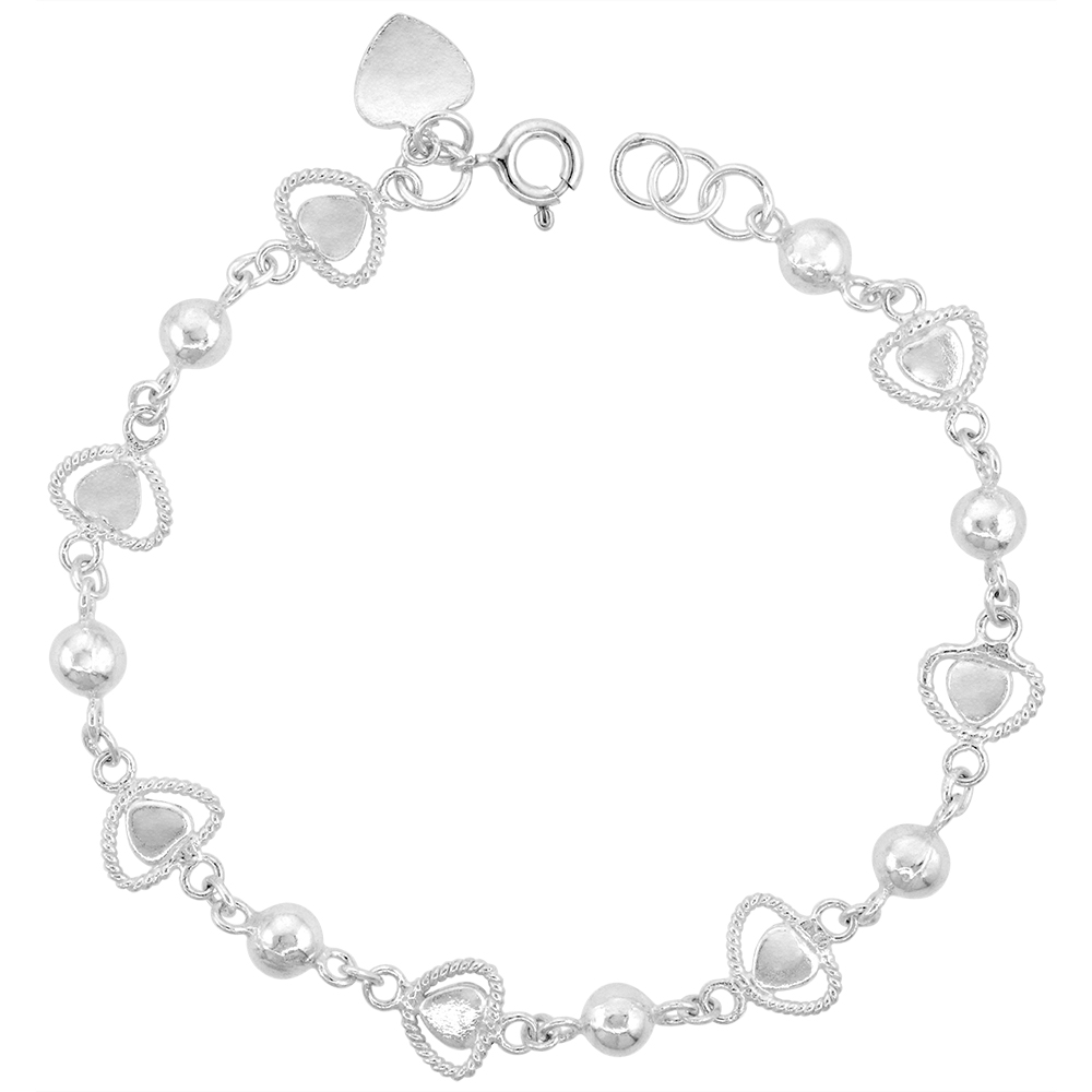 fits 7-8 inch wrists Sterling Silver Hearts and Jingle Bells Charm Bracelet 13mm wide 