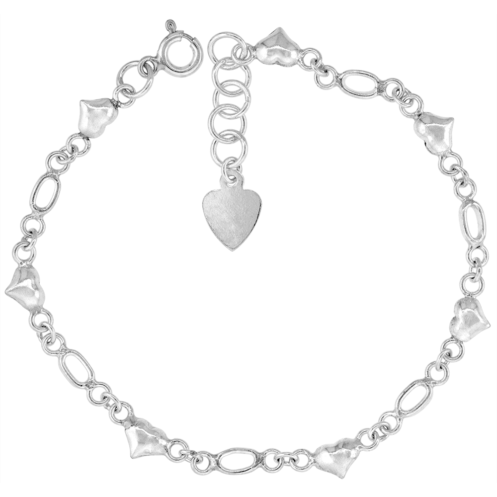 1/8 inch wide Sterling Silver Teeny Oval Linked Hearts Charm Bracelet for Women 4mm fits 7-8 inch wrists