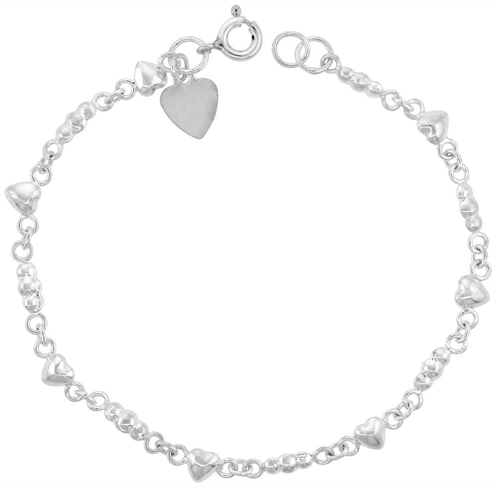 3/16 inch wide Sterling Silver Teeny Linked Hearts and Beads Charm Bracelet for Women 5mm fits 7-8 inch wrists