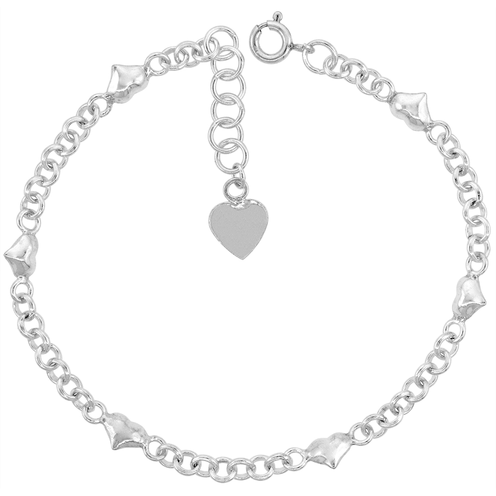 1/8 inch wide Sterling Silver Station Teeny Hearts Charm Bracelet for Women 4mm Rolo Link fits 7-8 inch wrists