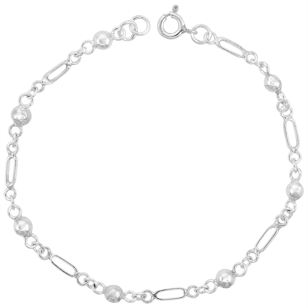 1/8 inch wide Sterling Silver Oval Linked Beads Anklet for Women 4mm fits 9-10 inch ankles