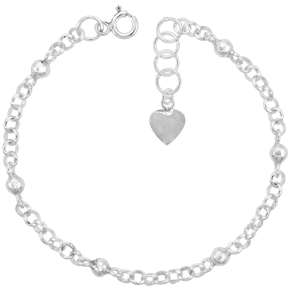 1/8 inch wide Sterling Silver Linked Beads Anklet for Women 4mm Rolo Links fits 9-10 inch ankles