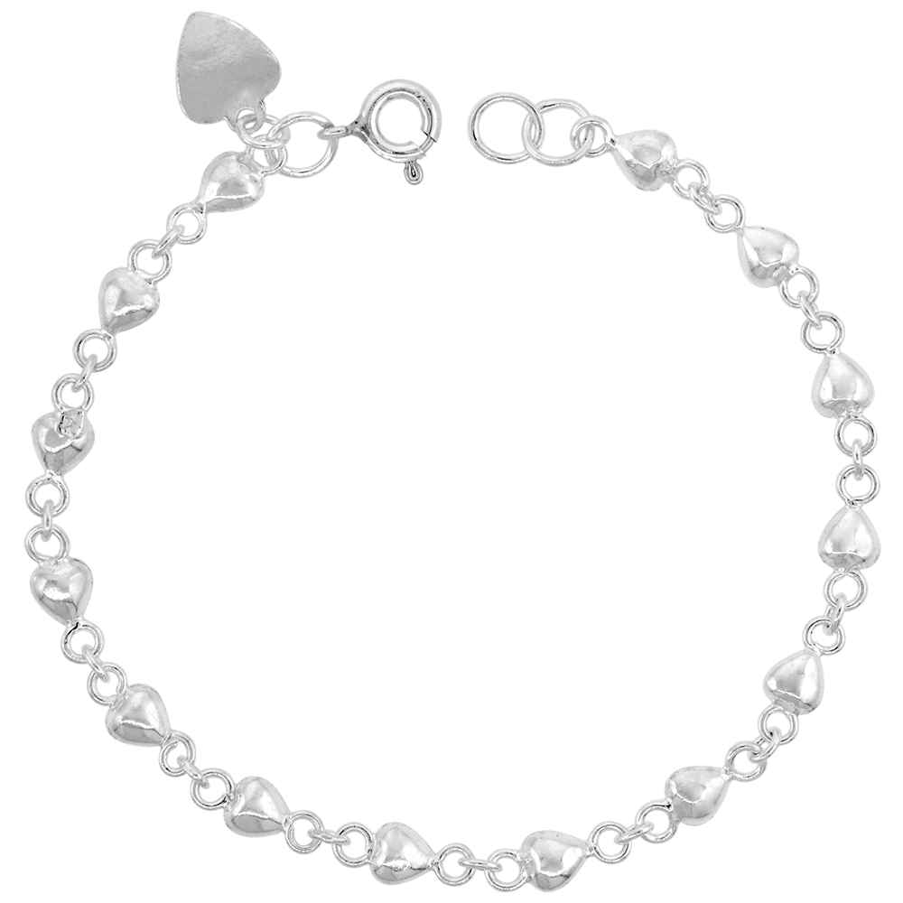 3/16 inch wide Sterling Silver Linked Teeny Puffy Hearts Anklet for Women 5mm fits 9-10 inch ankles