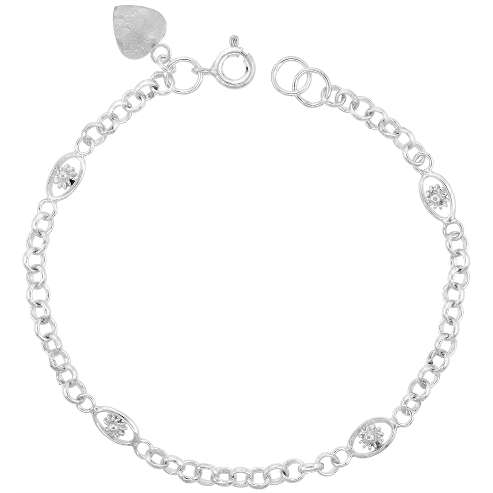 3/16 inch wide Sterling Silver Station Flowers Charm Bracelet for Women 5mm Rolo Link fits 7-8 inch wrists