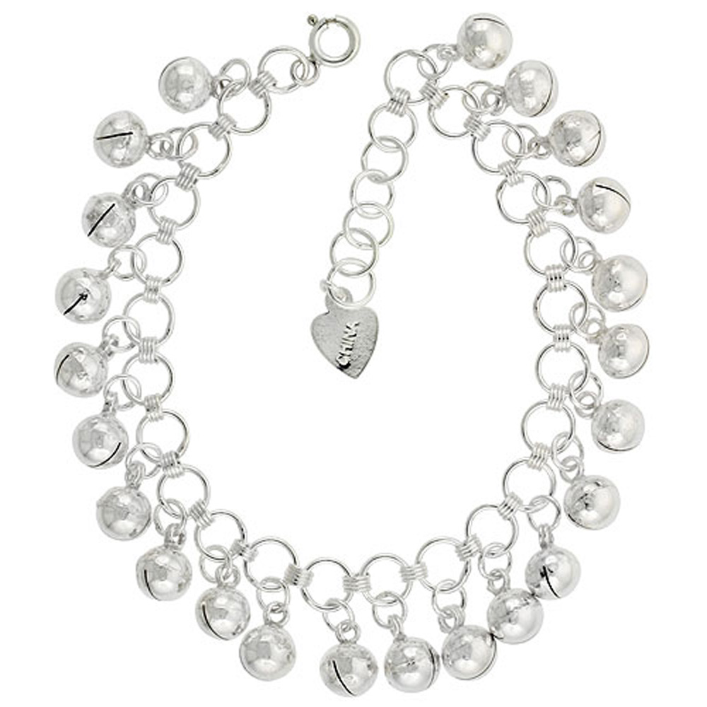 Sterling Silver Dangling Jingle Bells Charm Charm Bracelet for Women Circle Links 15mm drops fits 7-8 inch wrists