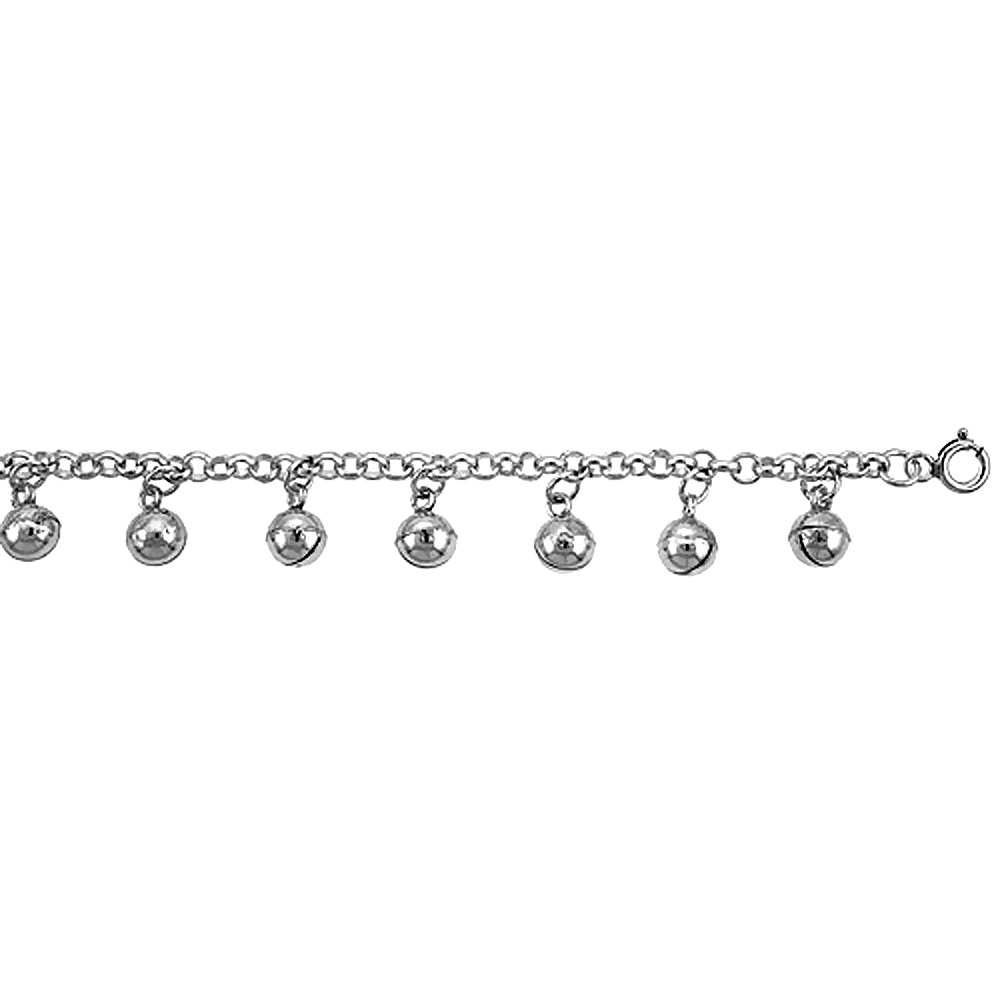 Sterling Silver Dangling Jingle Bells Charm Charm Bracelet for Women Rolo Links 12mm Drops fits 7-8 inch wrists
