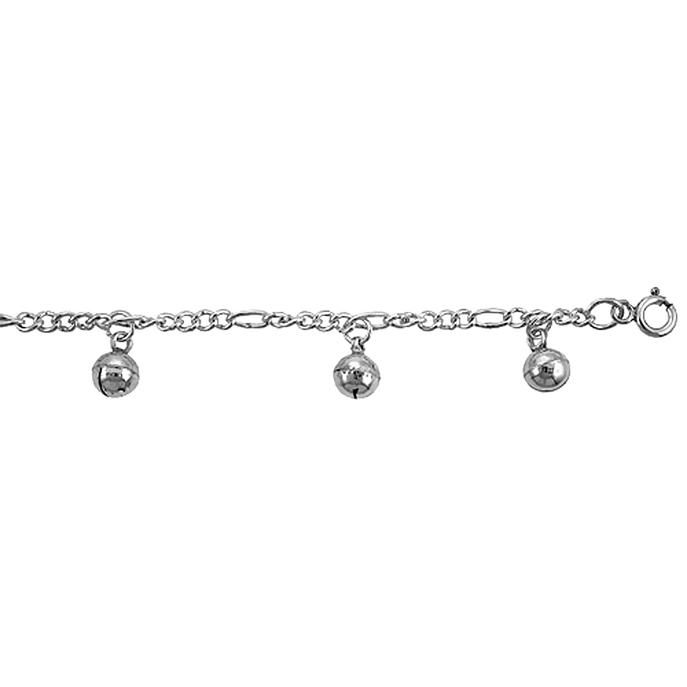 Sterling Silver Dangling Jingle Bells Charm Charm Bracelet for Women Figaro Links 12mm Drops fits 7-8 inch wrists