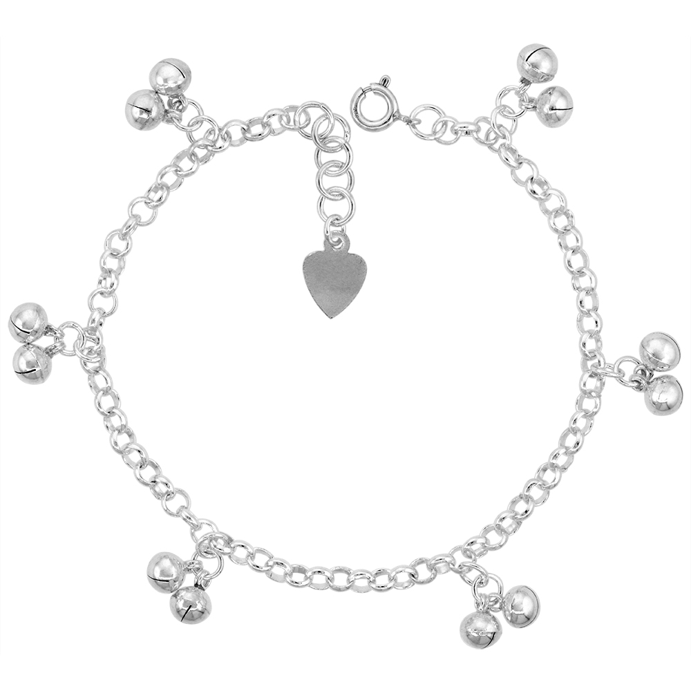 Sterling Silver Dangling Double Jingle Bells Charm Charm Bracelet for Women 12mm Drops fits 7-8 inch wrists